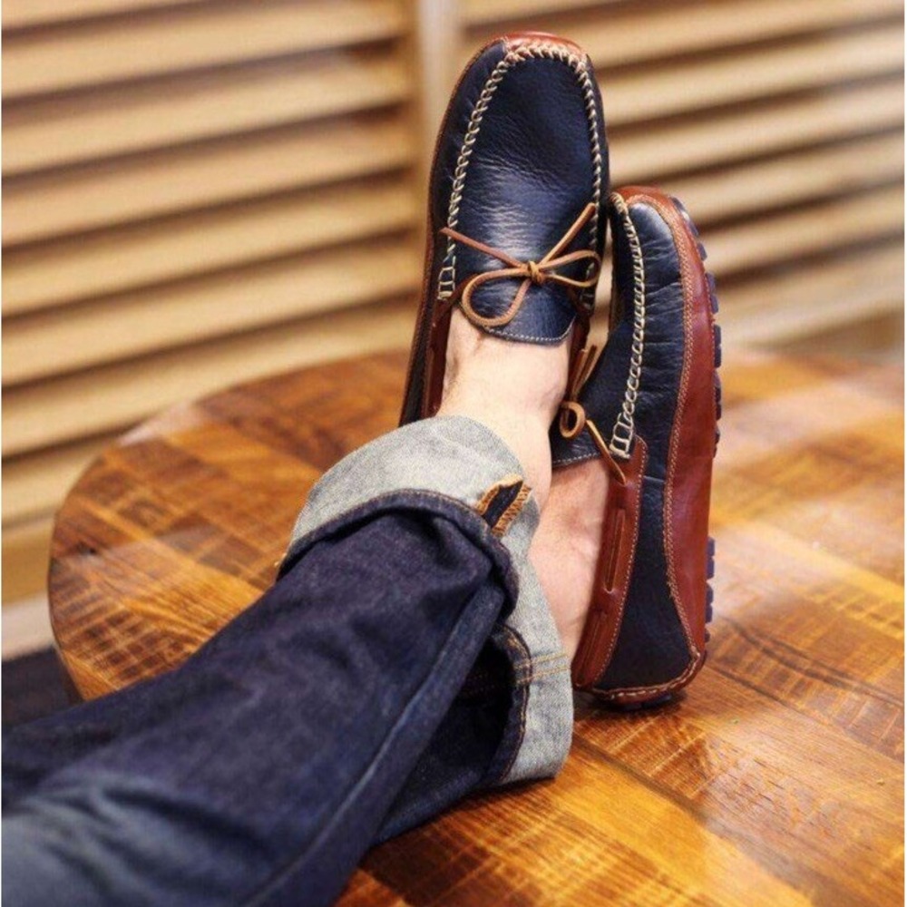 Trask Drake 9 M Driving Loafers Blue Bison Leather Moccasin Shoes Tie/Bow